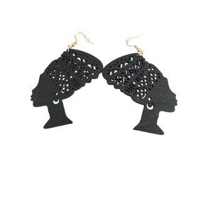 Black Wood Laser Cut Dangle Earrings Nefertiti African Queen Hook 4" NWOT